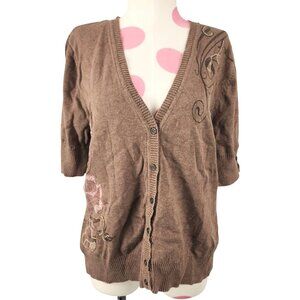 Women's Sonoma Life + Style Brown Cardigan Floral Sweater Large Stitching Cotton